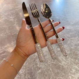 Stainless steel Western tableware luxury diamond inlaid golden knife fork and spoon three piece set high appearance value set